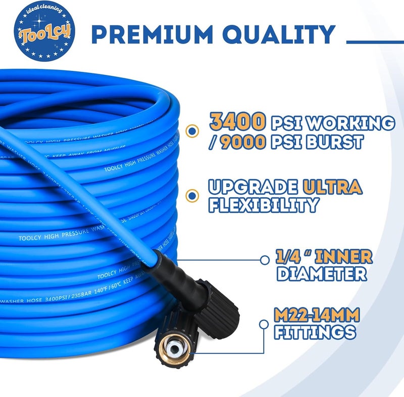 TOOLCY Super Flexible Pressure Washer Hose 50ft, 3400 PSI Kink Resistant Power Washer Hose 1/4 in., Replacement Power Wash Hose with M22 and 3/8" Quick Connection Kit for Gas & Electric - Image 2
